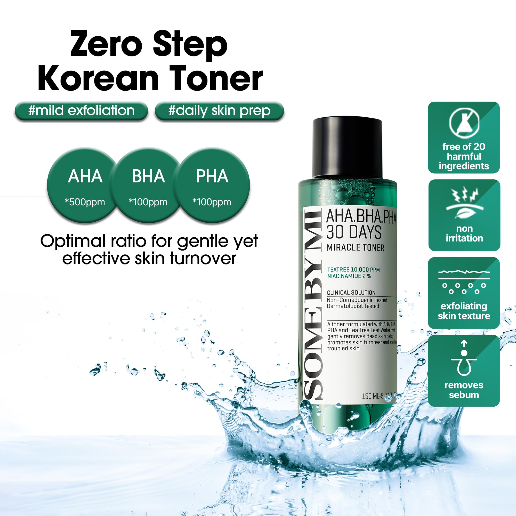 SOME BY MI AHA BHA PHA 30 Days Miracle Toner – 5.07oz, 150ml – Korean Salicylic Acid Exfoliating Face Toner for All Skin Types – Daily Pore Care & Oil Control with 2% Niacinamide – Korean Skin Care