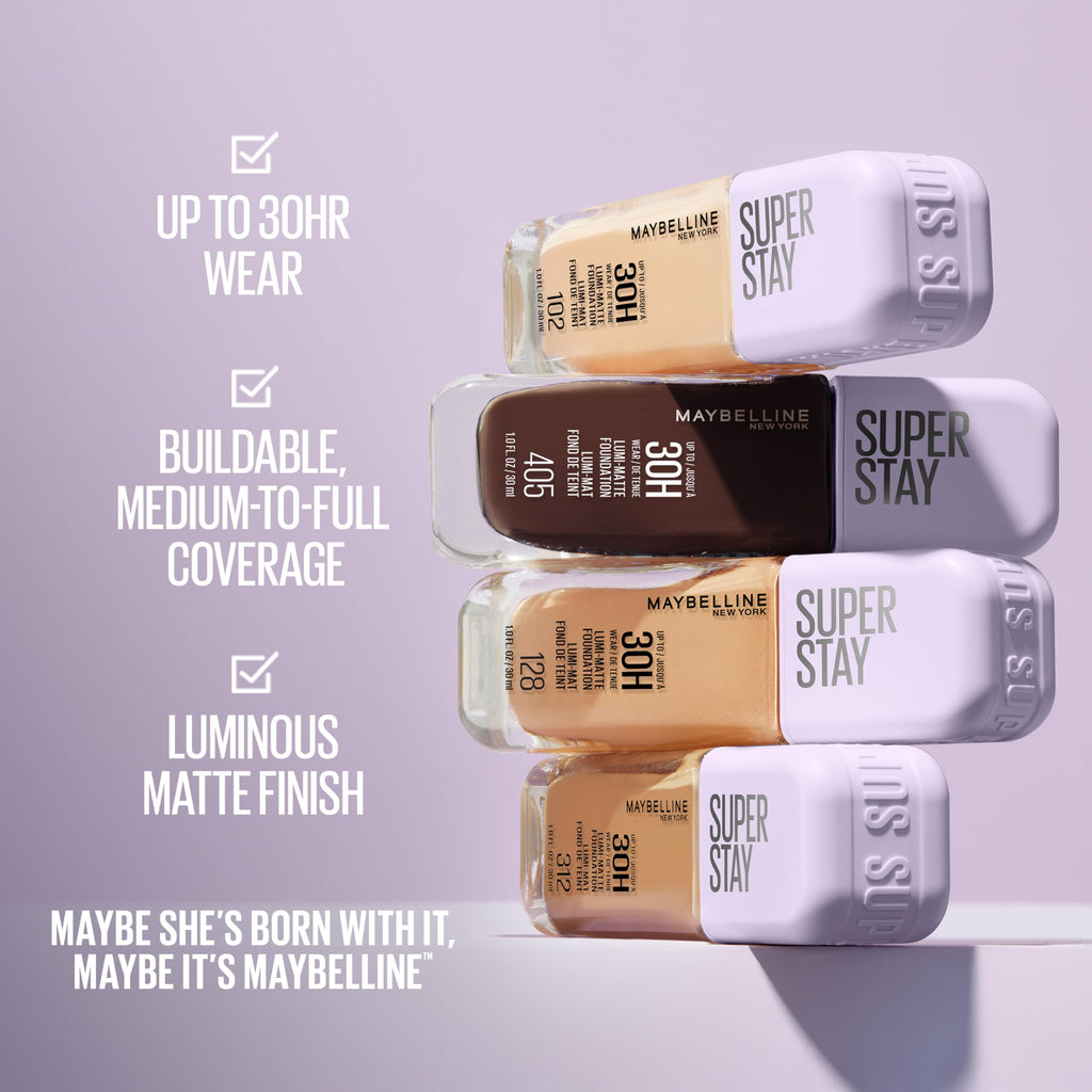 Maybelline New York Super Stay Lumi Matte Foundation, Up to 30H Wear, Luminous Matte, Buildable Coverage, Amino Acids, 112, 30 ml