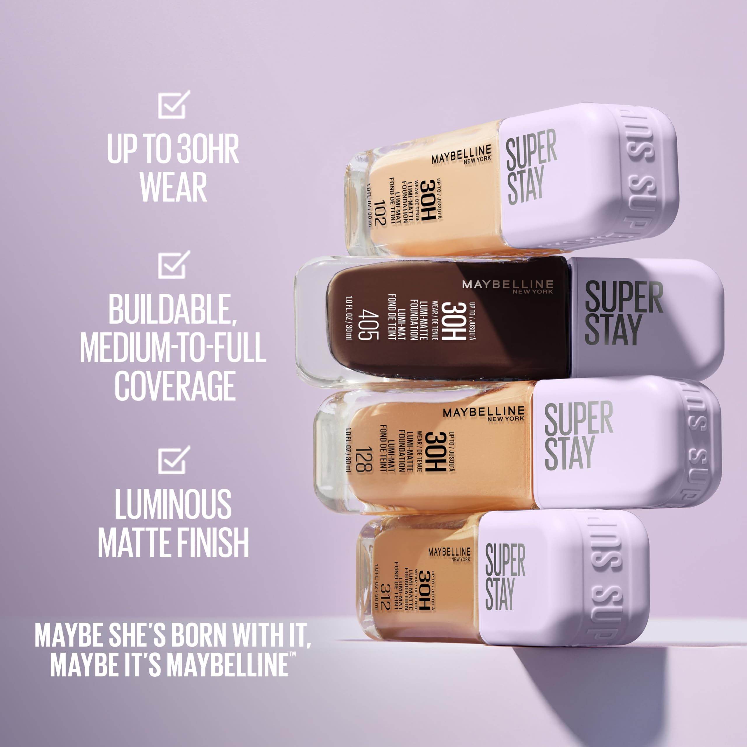 Maybelline New York Super Stay Lumi Matte Foundation, Up to 30H Wear, Luminous Matte, Buildable Coverage, Amino Acids, 112, 30 ml