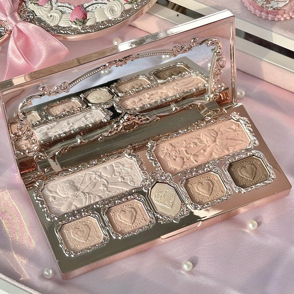 Flower Knows Strawberry Cupid Makeup Palette. Eyeshadow, Blush, Highlighting & Contour All-in-One +2 Shimmer Neutral Shades