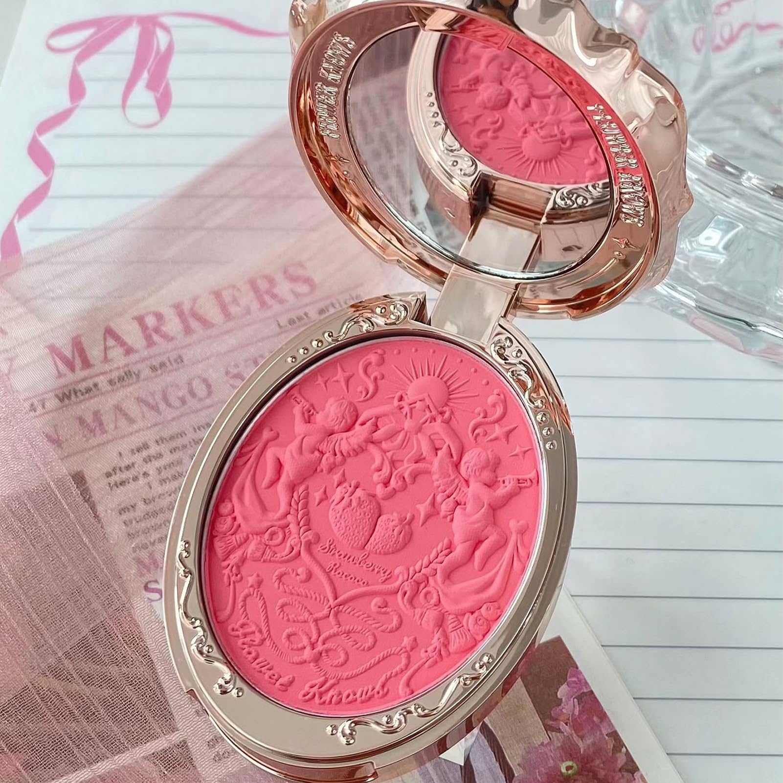 Flower Knows Strawberry Rococo Embossed Blush,Pink Matte Finish,Buildable & Blendable Powder Blush for cheeks,Natural Flush for All Skin Tones(03 Classic Ballet,5g)