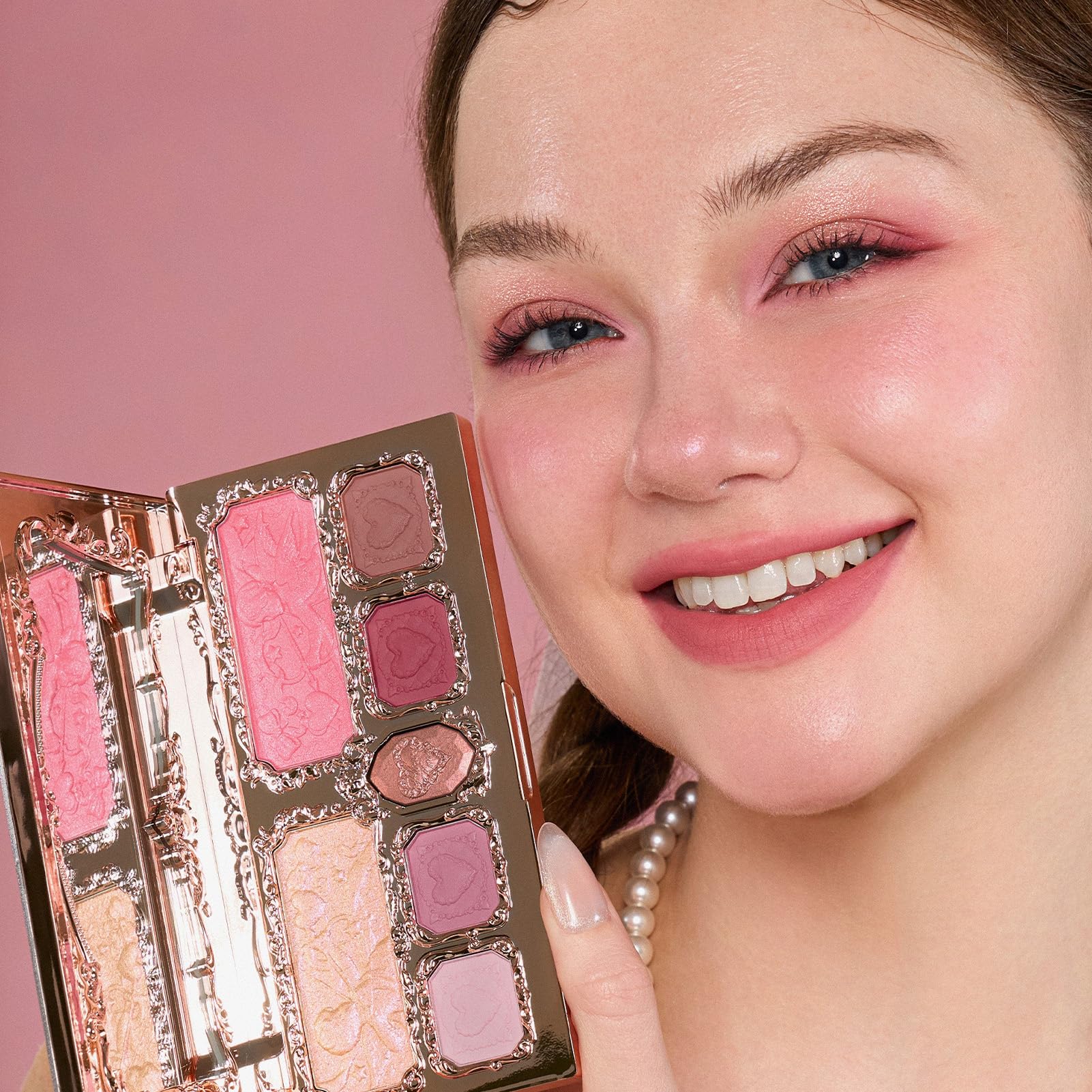 Flower Knows Strawberry Cupid Makeup Palette. Eyeshadow, Blush, Highlighting & Contour All-in-One +2 Shimmer Neutral Shades