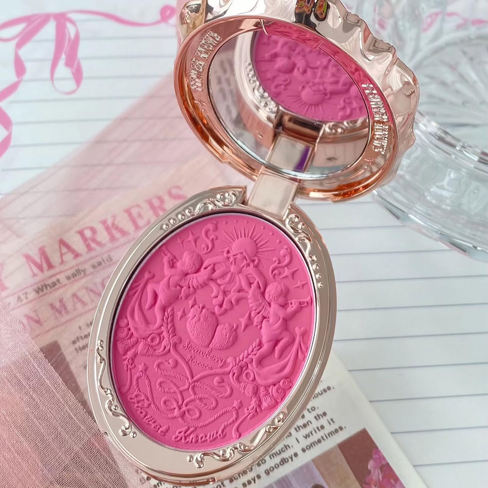 Flower Knows Strawberry Rococo Embossed Blush,Pink Matte Finish,Buildable & Blendable Powder Blush for cheeks,Natural Flush for All Skin Tones(03 Classic Ballet,5g)