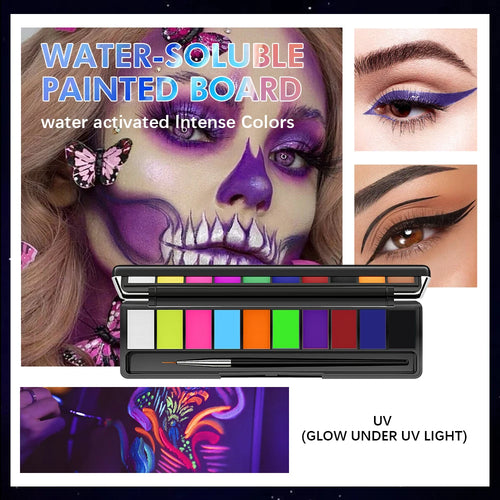 10Colors Face Paint Palette for Body Halloween Party Makeup Eyeliner Water Activated Paint Board with Brush Mirror Safe Kids