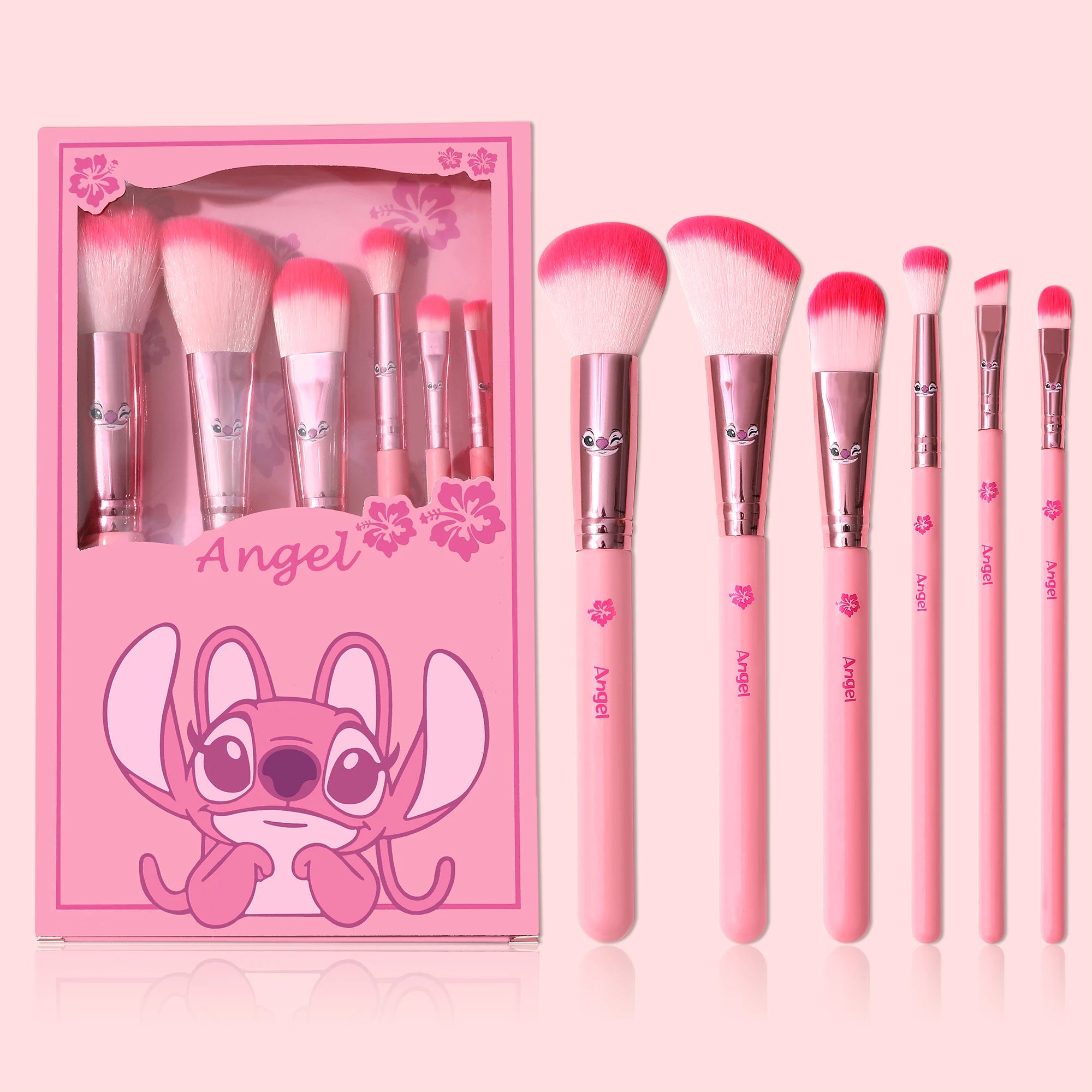 6pcs pink cartoon cute Stitch makeup brush set, wooden makeup brush eye shadow brush, gift box packaging.