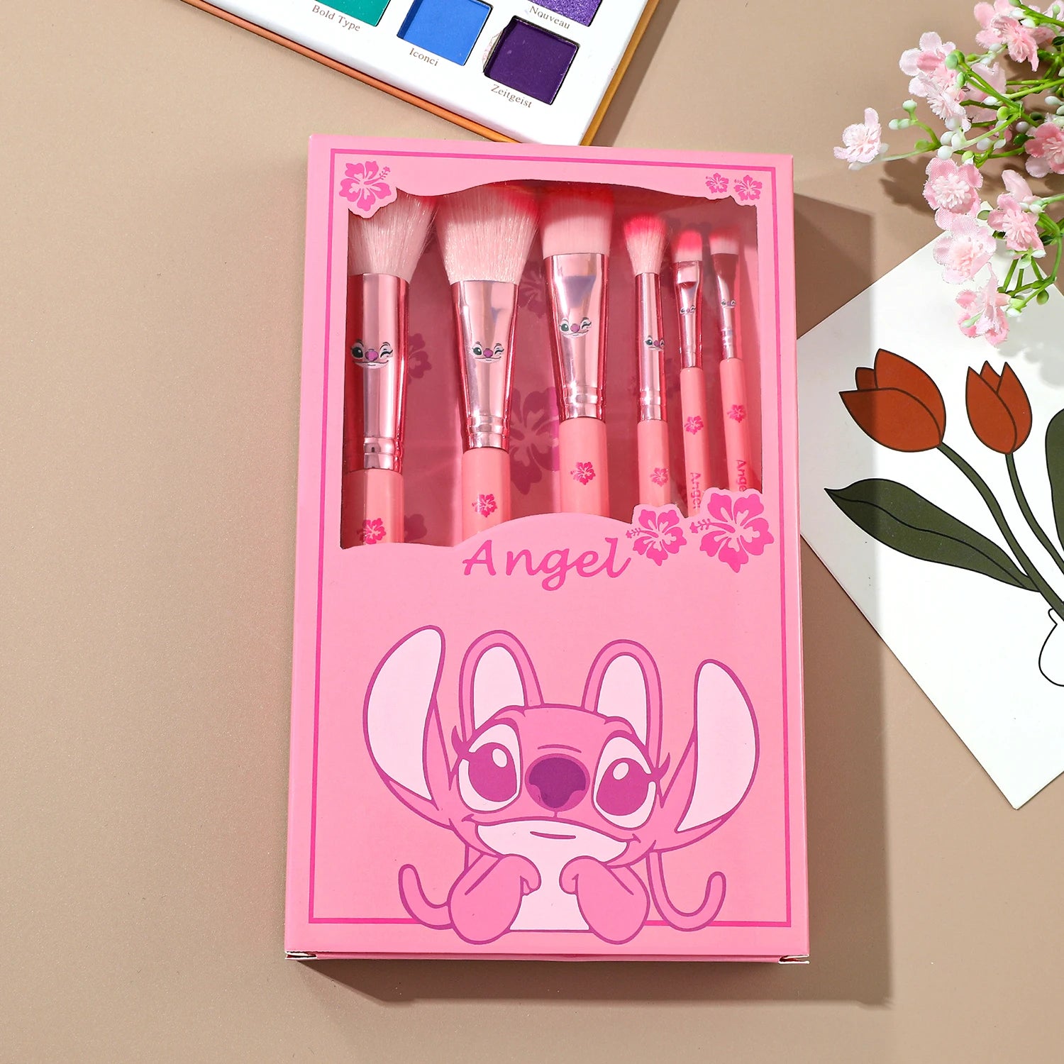 6pcs pink cartoon cute Stitch makeup brush set, wooden makeup brush eye shadow brush, gift box packaging.